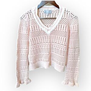 DH tennis pullover sweater, pointelle knit, baby pink w. white cableknit detail